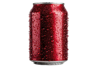 Red beverage can, condensation droplets, against a black backdrop
