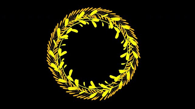 Golden leaves wreath rotating loop animation on black background for awards and frames