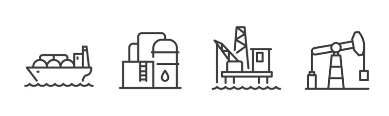 Set of oil industry icons. Oil pump, refinery, offshore and tanker. Editable stroke vector illustration.