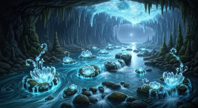 Incredible underground river, impossible water forms rich floral formations, flows into the sea