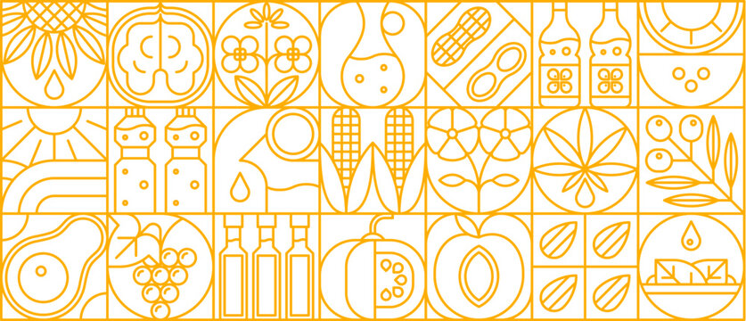 Sunflower, rapeseed, corn and other oil geometric pattern with agricultural motifs of sunflower, corn, rapeseed, peanut, olive, and avocado oil plants. Vector retro modern abstract line background