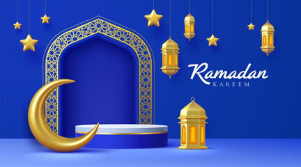 3d Ramadan Kareem podium stage. Vector Islamic arch, golden crescent moon, glowing lanterns, hanging stars and Arabic patterns in gold on a blue background. festive podium for Ramadan celebration