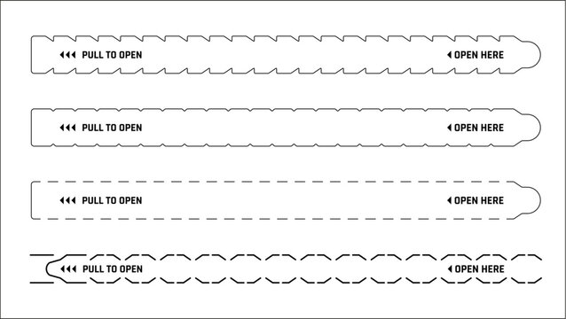Box package perforated tear strip border line. Vector black and white Pull to Open packaging tab templates with sharp, rounded and dashed lines perforation for boxes and tamper proof packaging