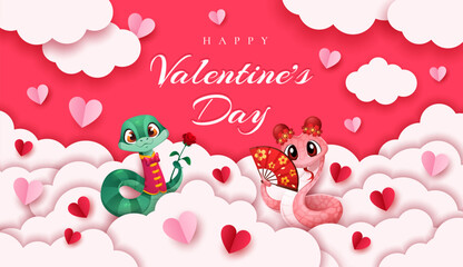 Valentines day paper cut banner with two cute cartoon charming snakes celebrating love and affection, exchanging romantic gestures amidst fluffy clouds and floating paper hearts at pink background