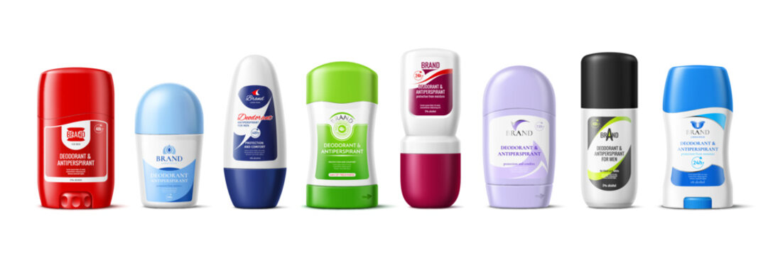 Dry stick and roll deodorant antiperspirant cosmetics mockup. Vector 3d cosmetic and beauty product plastic bottles with color labels and lids, natural stick and roll on deodorant containers set