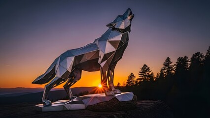 Majestic Geometric Wolf Sculpture Howling at Sunset