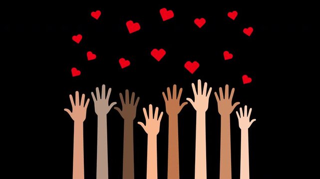 Diverse hands reaching for falling hearts community and charity animation