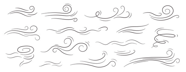 Obraz premium Doodle wind motions of vector breeze, storm and air flow movement swirls. Hand drawn sketch waves and curved lines of fresh wind blow. Speed motion doodle effect of windy weather or storm air flows