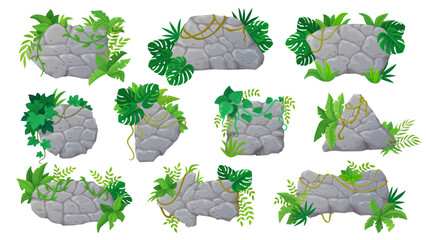 Stone and rocks with jungle lianas. Cartoon vector set of wall parts covered with lush green vines, leaves and tropical foliage. Rock formations evoke ancient, wild and natural vibe for adventure game