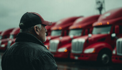 Cinematic scene of a trucking company manager standing near a fleet of red semi-trucks, showcasing professional attire and a focused demeanor