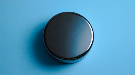 A close-up view of a sleek, black, circular object on a bright blue background