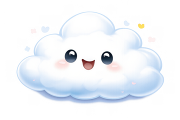 Cute happy cloud character cartoon illustration smiling, representing weather, sky, and good mood on a transparent background