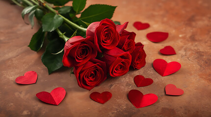 Red Roses and Hearts feature prominently against a textured background, creating a visually appealing composition that evokes feelings of romance and beauty.