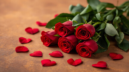 Red Roses and Hearts feature prominently against a textured background, creating a visually appealing composition that evokes feelings of romance and beauty.