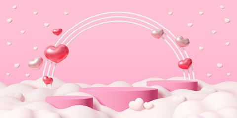 3d valentine podium with pink stage pedestals, fluffy clouds and shiny hearts. Realistic 3d vector romantic background for expressing love, romance, festive celebration, passion and gift promotions