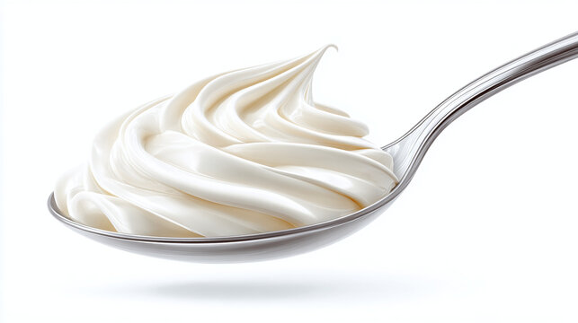 Close-up shot of a spoon filled with a swirl of whipped cream, inviting indulgence