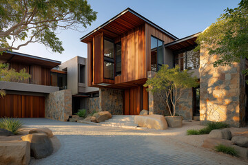 Luxury Modern Villa Featuring Stone Walls Wood Cladding And Paved Driveway Under Clear Sky