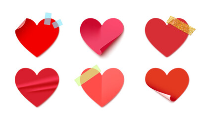 Heart shaped stickers, decorative vector paper heart sticky notes with folded corners, adhesive tapes and glitters. Valentine Day holiday love card, romantic stickers and creative stationery tags