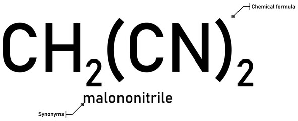 Malononitrile chemical formula with callout titles