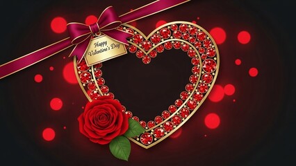 Valentine's Day gold heart necklace with red beads, rose, and gift tag on dark background