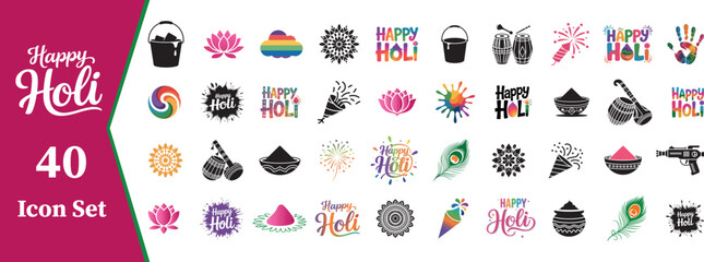 Happy Holi Festival Celebration Vector Icon Set Pack