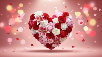 Romantic Valentine's Day Heart-Shaped Bouquet of Red Roses and White Lilies on Pink Background