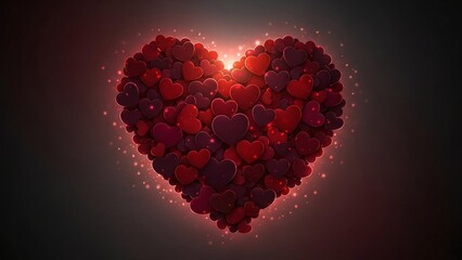 3D Red Heart Shape Made of Hearts with Glowing Light and Sparkles on Dark Background