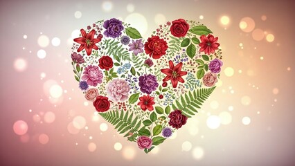 Floral Heart Shape with Red Roses and Purple Flowers on Soft Pink Bokeh Background