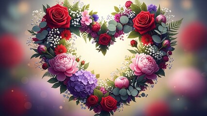 Elegant Valentine Heart Floral Wreath with Roses Hydrangeas Peonies Romantic Decor