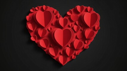 3D Red Paper Hearts Love Symbol on Black Background for Valentine's Day Romance