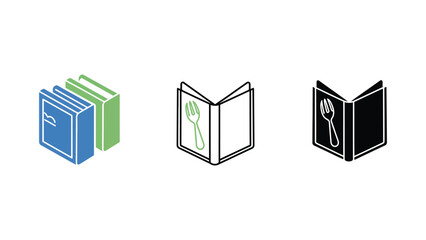 Three icons representing cookbooks or recipe books with a fork symbol.