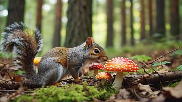 Curious squirrel exploring forest floor with vibrant red mushrooms