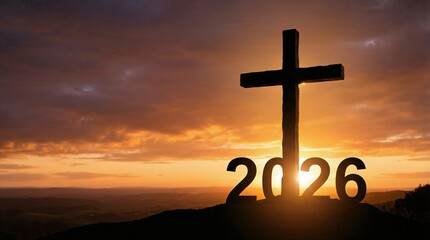 Silhouette of a cross and the year 2026 against a dramatic sunset sky