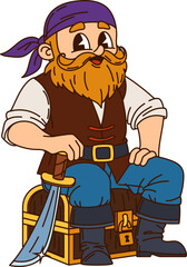 Corsair pirate crew sailor sits on treasure chest cartoon character. Cheerful corsair bandit character, pirate isolated vector mascot. Boatswain personage with red beard and mustaches, cutlass sword