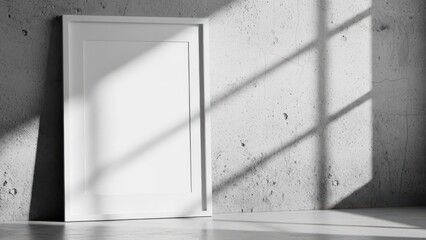 A white door leaning against a concrete wall with sunlight streaming through a window