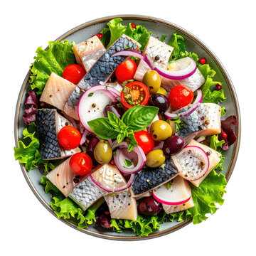 Herring salad with tomatoes, olives, red onion and basil on a plate isolated white background