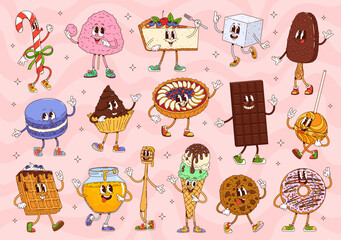 Cartoon groovy sweets and bakery characters of vector chocolate, candies, ice cream and pastry dessert food. Funny retro groovy cake, pie and cheesecake, cookie, donut, lollipop and cupcake characters
