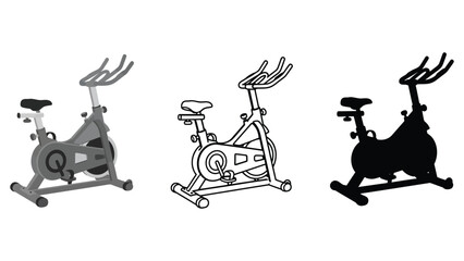 Three different representations of a stationary exercise bicycle are shown.