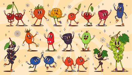 Groovy hippie berry characters. Cartoon cute strawberry, cherry raspberry and blueberry. Blackcurrant, barberry, blackberry or gooseberry, green grape and rosehip dances and smiles in a fun retro vibe © Buch&Bee
