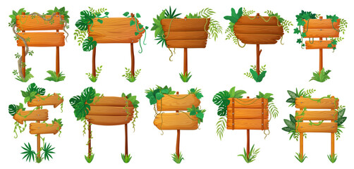 Wooden plate sign boards with jungle lianas and tropical leaves lianas. Isolated cartoon vector timber banners on poles with nails and hanging vines. Game menu panels with rainforest creeper plants