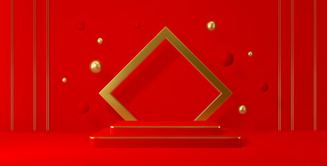 3d red vector podium stage with golden square arch, red and shiny spheres or pearls and vertical lines. Luxury product display, holiday event platform, cosmetics podium background for presentation