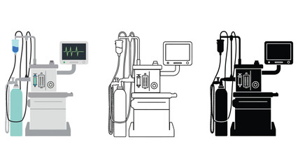 Medical ventilator machine in three different styles: color, outline, and silhouette.