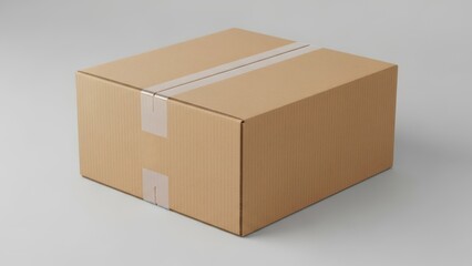A brown cardboard box with white packing tape on top and sides
