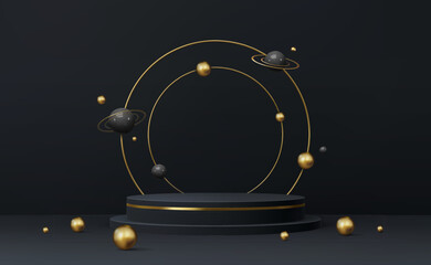 3d black vector podium stage with platform stand surrounded by golden circular rings, floating black or gold planets with orbits. Luxury presentation, space exhibition, cosmetic product stage mockup