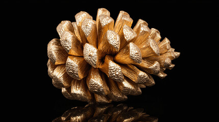 A close-up shot of a golden pine cone, highlighting its intricate details and texture against a dark backdrop. The gilded surface glistens, suggesting luxury and natural beauty
