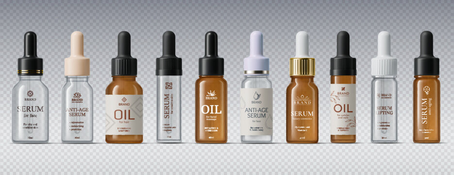 Cosmetic bottles vector mockup with droppers and amber or transparent glass containers. 3d anti aging serum, face oil, lifting formula cosmetics for beauty product mockup, skincare presentation