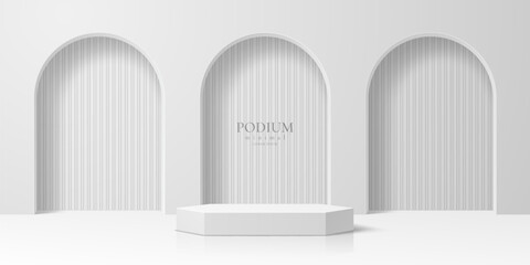 Arch and white cosmetic product presentation stand vector background. Minimal geometric display platform or podium stand with arches at background. Empty white showroom for cosmetics presentation