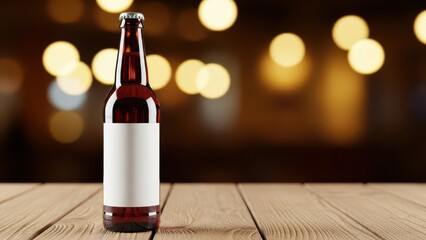A brown glass bottle with a white label on a wooden table
