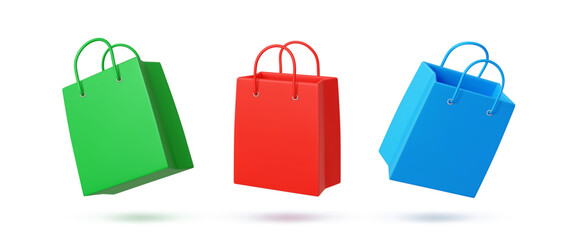 3d shopping bags icons, store promotion gift package with rope handles. Green, red and blue paper pack mockups for online store promotions, sale and retail marketing, e commerce advertising