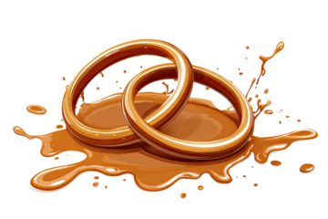 Two shiny candy rings atop a caramel splash